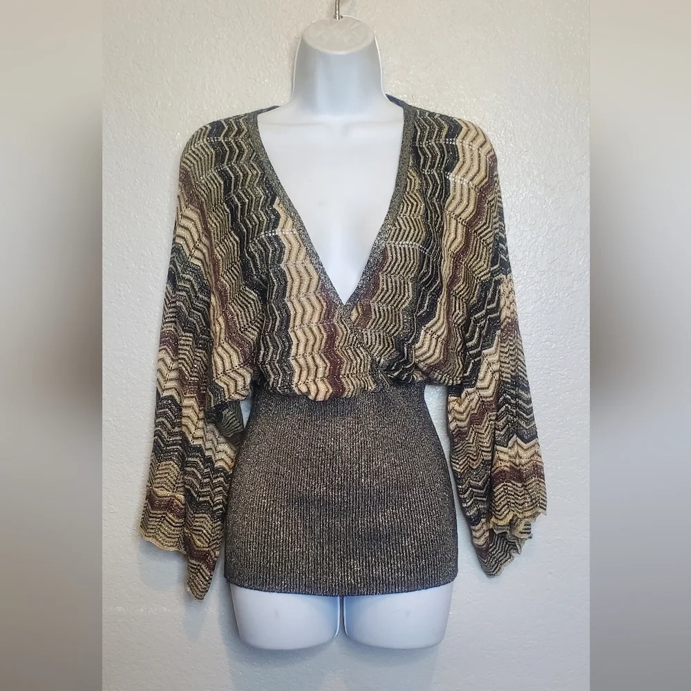 RAMPAGE Vintage Metallic Chevron Kimono Sleeve Knit Sweater Top Size Medium - Picture 7 of 7
